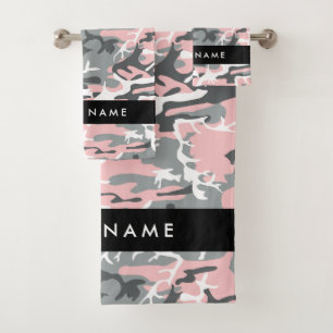 Conjunto De Toalhas Camuflagem rosa e Cinza Seu nome Personaliza