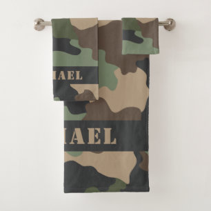 Conjunto De Toalhas Camuflagem Woodland Camo Khaki Tan Monograma Preto