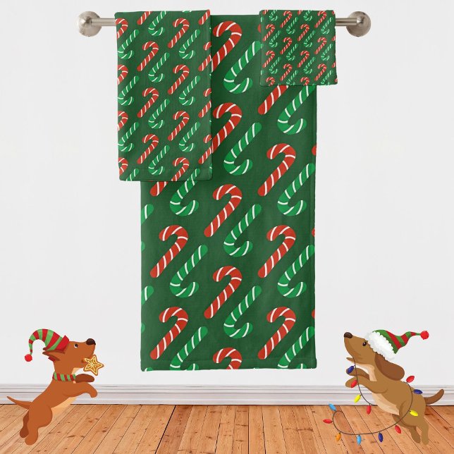 Conjunto De Toalhas Canas verdes e doces vermelhos (Green and Red Candy Canes Bath Towel Set)