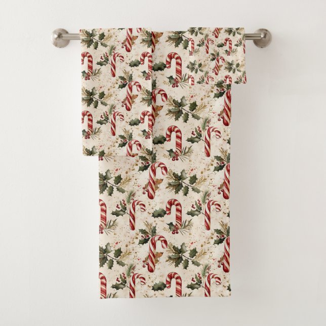 Conjunto De Toalhas Candy Cane and Poinsettia Christmas Pattern (Insitu)