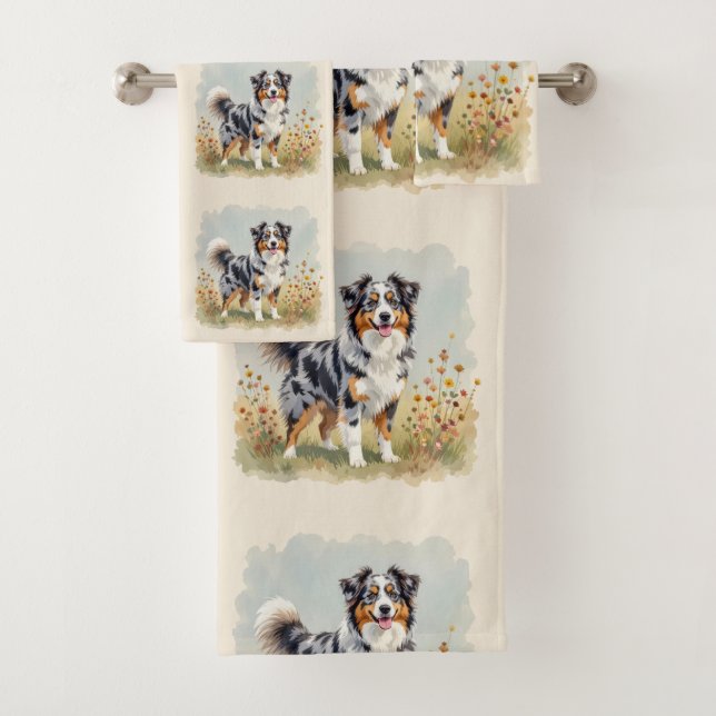 Conjunto De Toalhas Cão Pastor Australiano Merle Cauda Longa (Insitu)