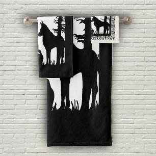 Conjunto De Toalhas Capuz Vermelho Preto Branco Lobo na Floresta Árvor