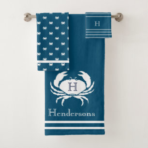 Conjunto De Toalhas Caranguejo Branco Azul-Teal Escuro Monograma, Náut