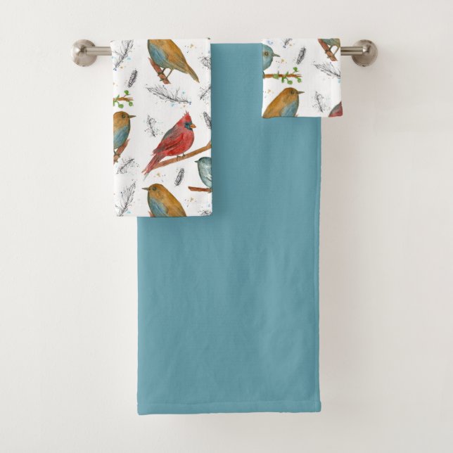 Conjunto De Toalhas Cardinal Bluebird Chickadee Birds Blue (Insitu)