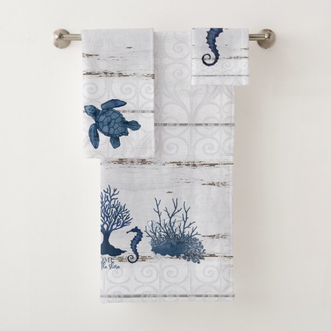 Conjunto De Toalhas Casa da praia Aquarela Coral de Tartaruga (Insitu)