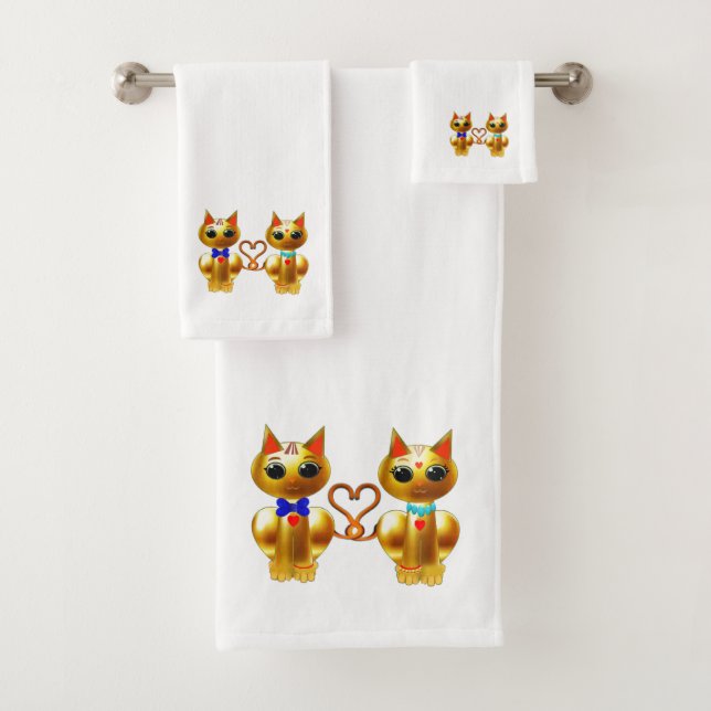 Conjunto De Toalhas Casal de Gatos Dourados Fofos (Insitu)