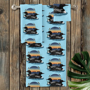 Conjunto De Toalhas Casal de Mergulhões Azul Crepúsculo Vida Selvagem