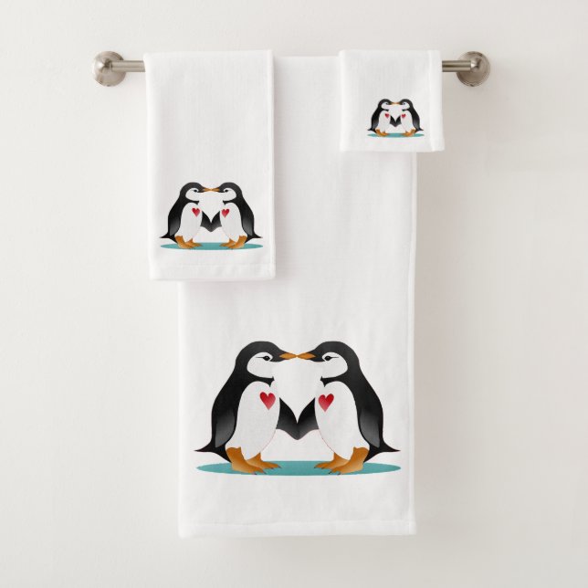 Conjunto De Toalhas Casal de Pinguins Fofo Moderno em Branco (Insitu)