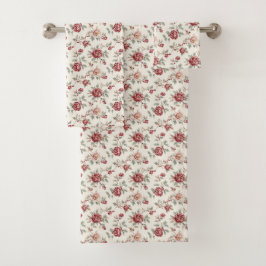 Conjunto De Toalhas Casamento Floral Creme Vermelho Chic Bonito