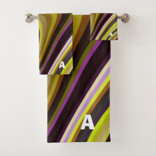 Conjunto De Toalhas Castanho Verde Roxo da Onda Retroativa Moderna