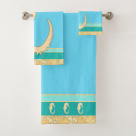 Conjunto De Toalhas Cavalo do Mar Dourado com Faixa Aqua e Turquesa