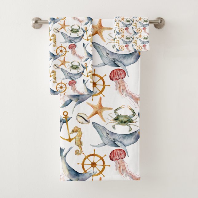 Conjunto De Toalhas Cavalo-marinho, Navios Roda, Baleias, Caranguejo,  (Insitu)