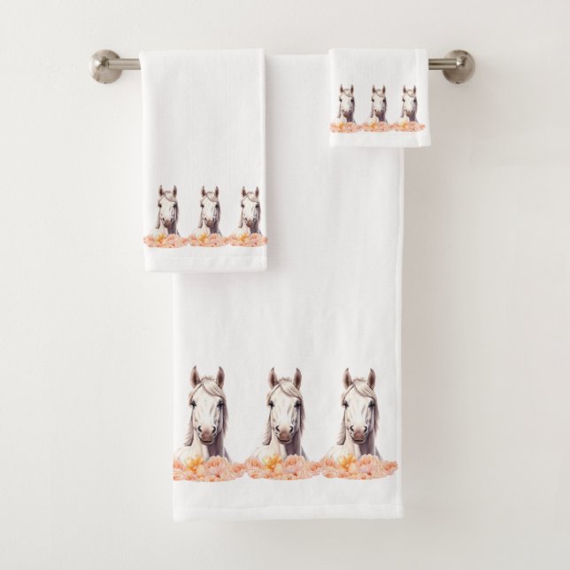 Conjunto De Toalhas Cavalos Brancos Elegantes e Modernos com Flores em (Insitu)