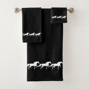 Conjunto De Toalhas Cavalos Brancos Elegantes e Sofisticados em Preto