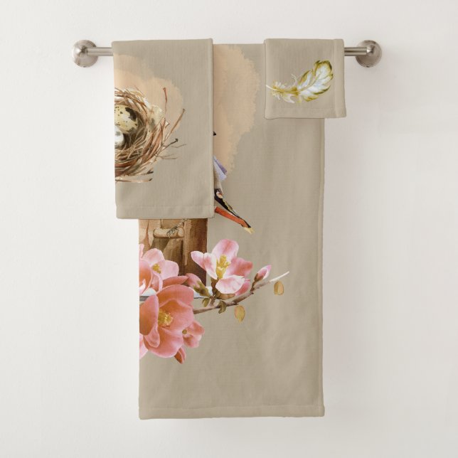 Conjunto De Toalhas Cedar Wax Birdhouse Flowers Nest Feather Brown (Insitu)