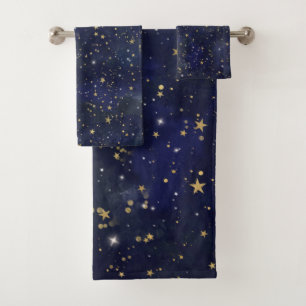 Conjunto De Toalhas Celestial Estrelas Azul & Dourado Aquarela Caprich