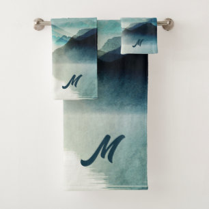 Conjunto De Toalhas Cena de montanha em aquarela da natureza com monog