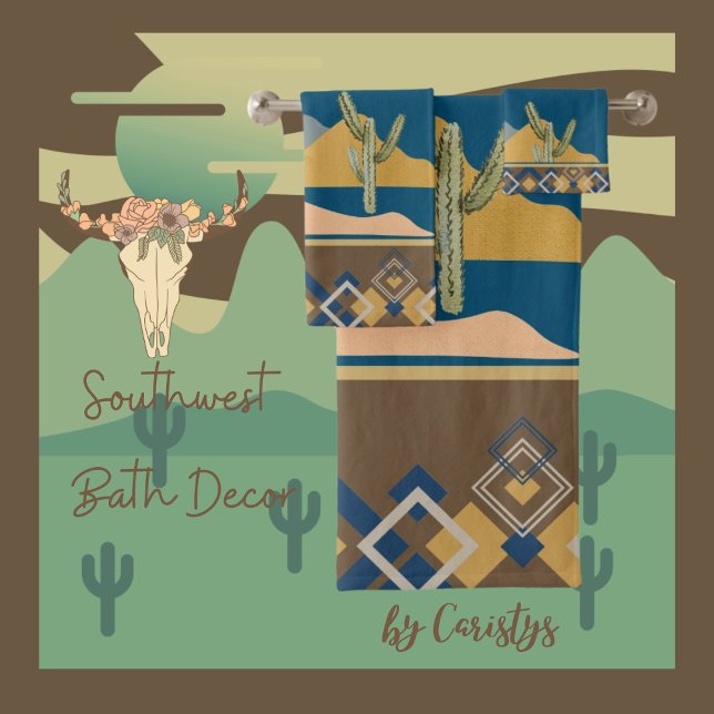 Conjunto De Toalhas Cena do Deserto Cactus e Trim Geométrico (Southwest Bath Decor
Available in Golden Rod, Clay, Brown, Olive, Navy, Smokey Teal)