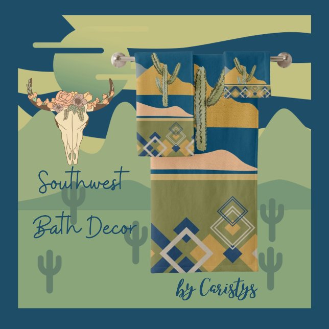 Conjunto De Toalhas Cena do Deserto Cactus e Trim Geométrico (Southwest Bath Decor 
Available in Olive, Navy, Smokey Teal, Golden Rod, Clay, Brown. )