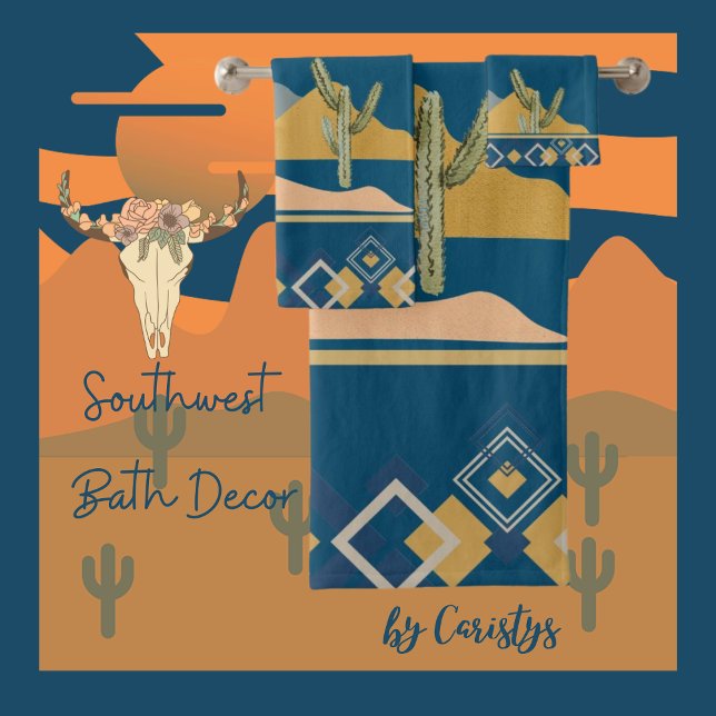 Conjunto De Toalhas Cena do Deserto Cactus e Trim Geométrico (Southwest Bath Decor
Available in Navy, Smokey Blue,   Clay, Olive, Golden Rod, Brown)