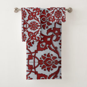 Conjunto De Toalhas Cerâmica Floral Vermelha Turca