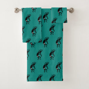 Conjunto De Toalhas Cerceta e design preto do sudoeste de Kokopelli
