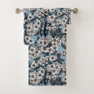 Conjunto De Toalhas Cereja floresce em branco e azul
