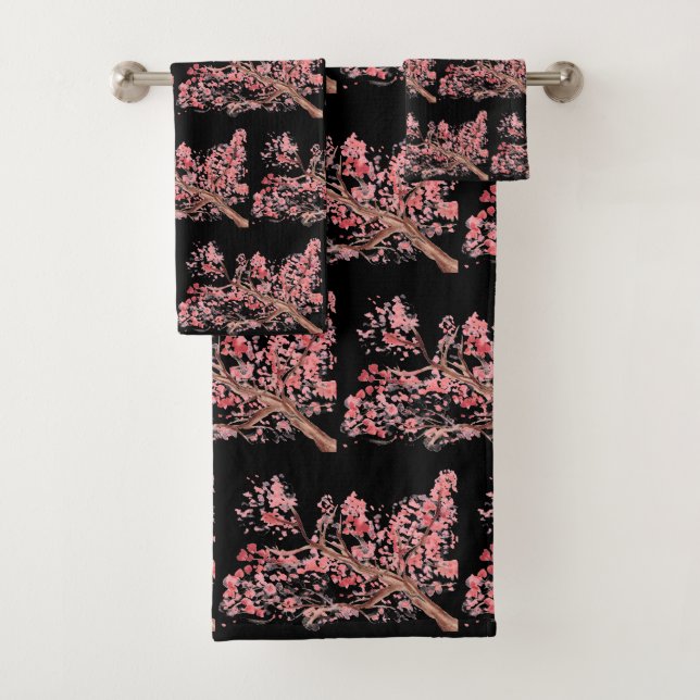 Conjunto De Toalhas Cereja floresce Sakura rosa negro japonês (Insitu)