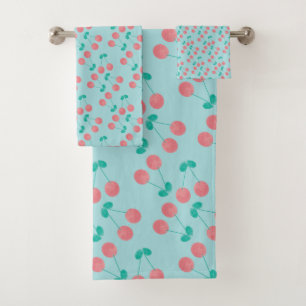 Conjunto De Toalhas Cerejas Pintadas à Mão Aquarela Rosa Azul Claro