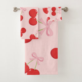 Conjunto De Toalhas Cerejas Vermelhas com Laço Rosa Coquette Cottage C