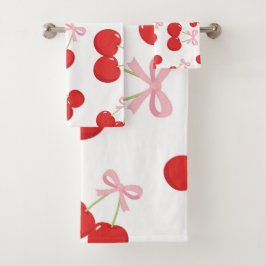 Conjunto De Toalhas Cerejas Vermelhas com Laço Rosa Coquette Estilo Co