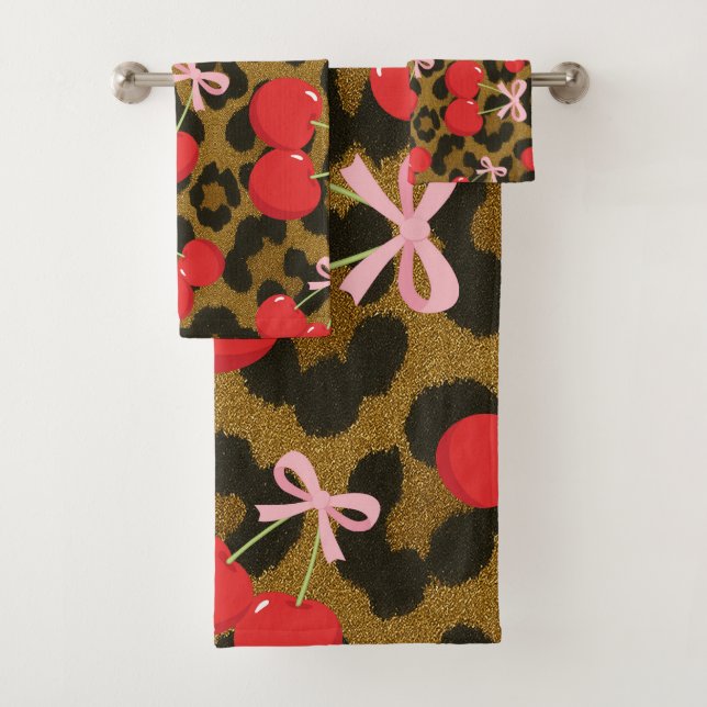 Conjunto De Toalhas Cerejas Vermelhas com Laço Rosa Estampa de Leopard (Insitu)