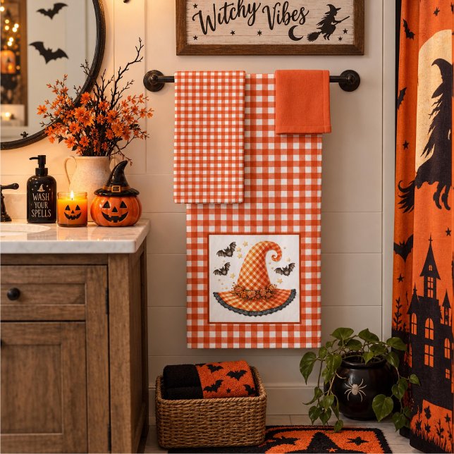 Conjunto De Toalhas Chapéu de Bruxa de Gingham Laranja de Halloween &  (Criador carregado)