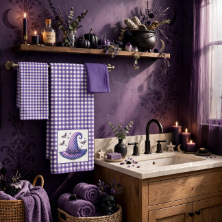 Conjunto De Toalhas Chapéu de Bruxa de Halloween em Xadrez Roxo & Morc