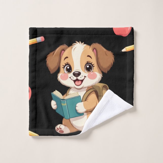 Conjunto De Toalhas Charming puppy reading, school bag pattern  (Pano de lavar)