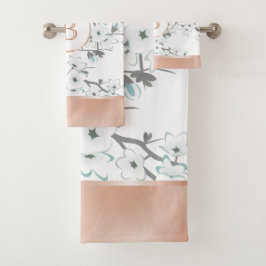 Conjunto De Toalhas Cherry Blossoms Mint White Rose Monograma Dourado