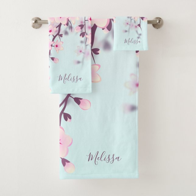 Conjunto De Toalhas Cherry Blossoms Paisagem Ilustrativa Azul Rosa (Insitu)