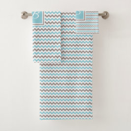 Conjunto De Toalhas Chevron Cinza Azul Branco Monograma
