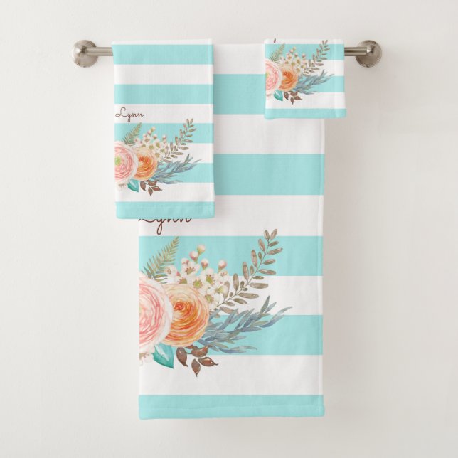 Conjunto De Toalhas Chic Aqua Stripes Feminine Floral e Nome (Insitu)