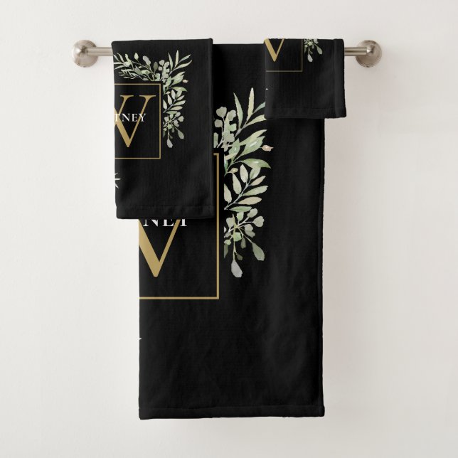 Conjunto De Toalhas Chic Black Dourado Monograma Verde Floral (Insitu)
