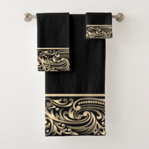 Conjunto De Toalhas Chic Black Dourado Swirls Elegante