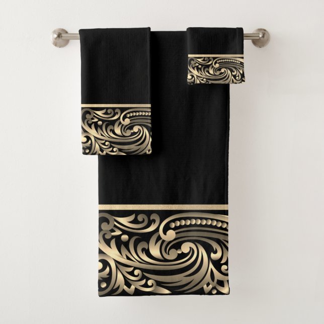 Conjunto De Toalhas Chic Black Dourado Swirls Elegante (Insitu)