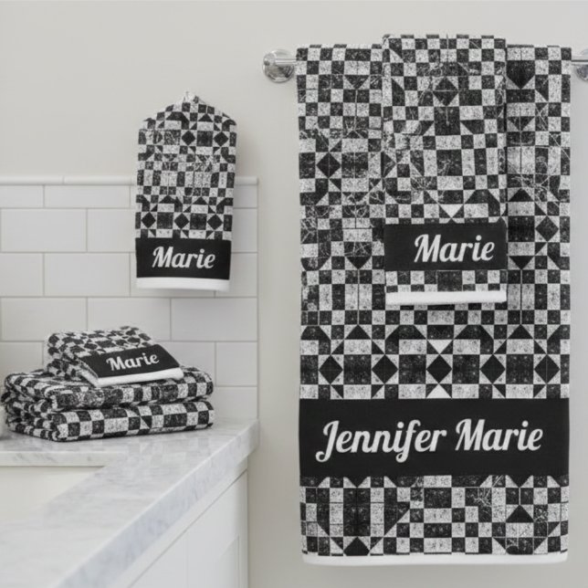 Conjunto De Toalhas Chic Black & White Floral Checkerboard Custom Name (Criador carregado)