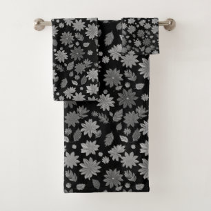 Conjunto De Toalhas Chic Boho Flores Cinzas & Folhas em Preto