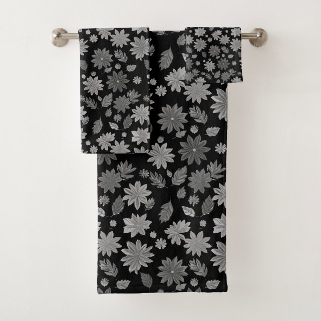 Conjunto De Toalhas Chic Boho Flores Cinzas & Folhas em Preto (Insitu)