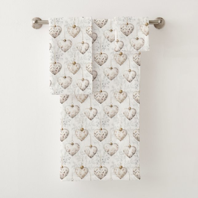 Conjunto De Toalhas Chic Cream Grey Hearts Ornaments   (Insitu)
