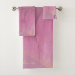 Conjunto De Toalhas Chic Dourada Fuchsia Abstrato Floral Paterna