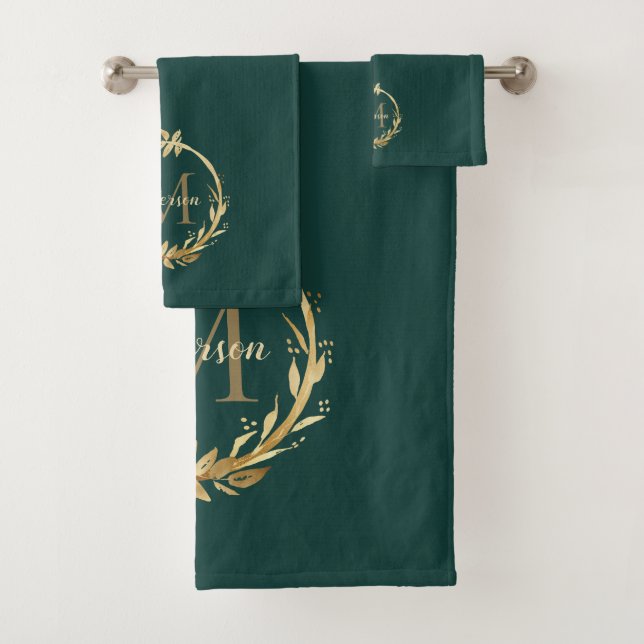 Conjunto De Toalhas Chic Emerald Green Monograma Dourado Eucalyptus Wr (Insitu)