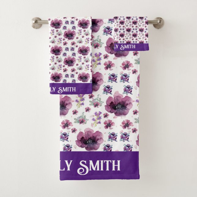 Conjunto De Toalhas chic floral foliage purple blooming flowers (Insitu)