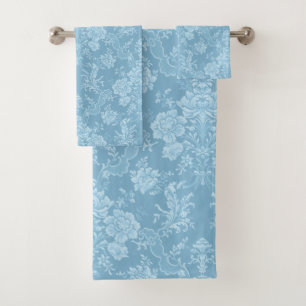 Conjunto De Toalhas Chic Floral Romântico Damasco-Pastel Azul